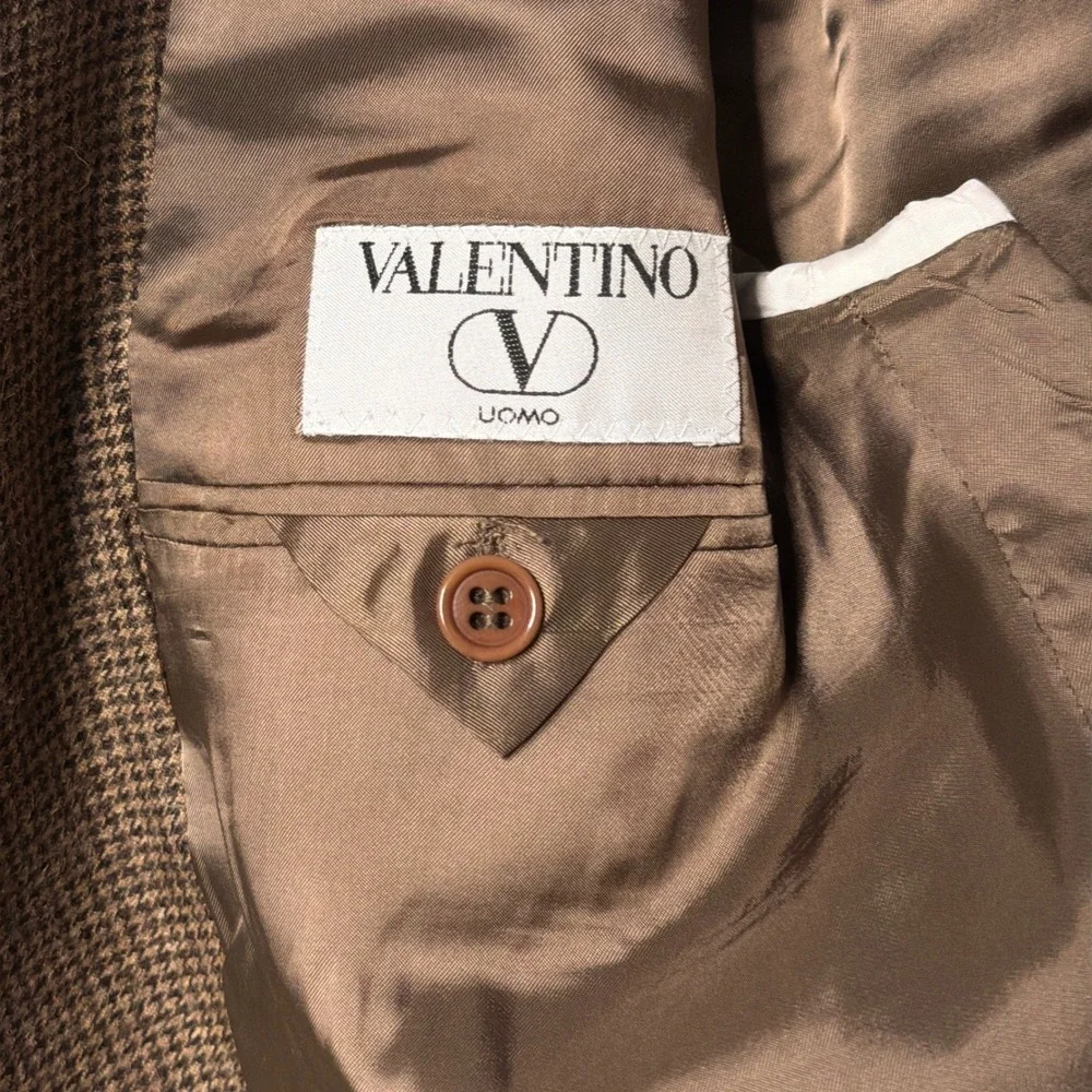 Vtg Valentino Uomo Suit Mens 44L / 36x29 Houndstooth Pleated Tweed Flannel Italy